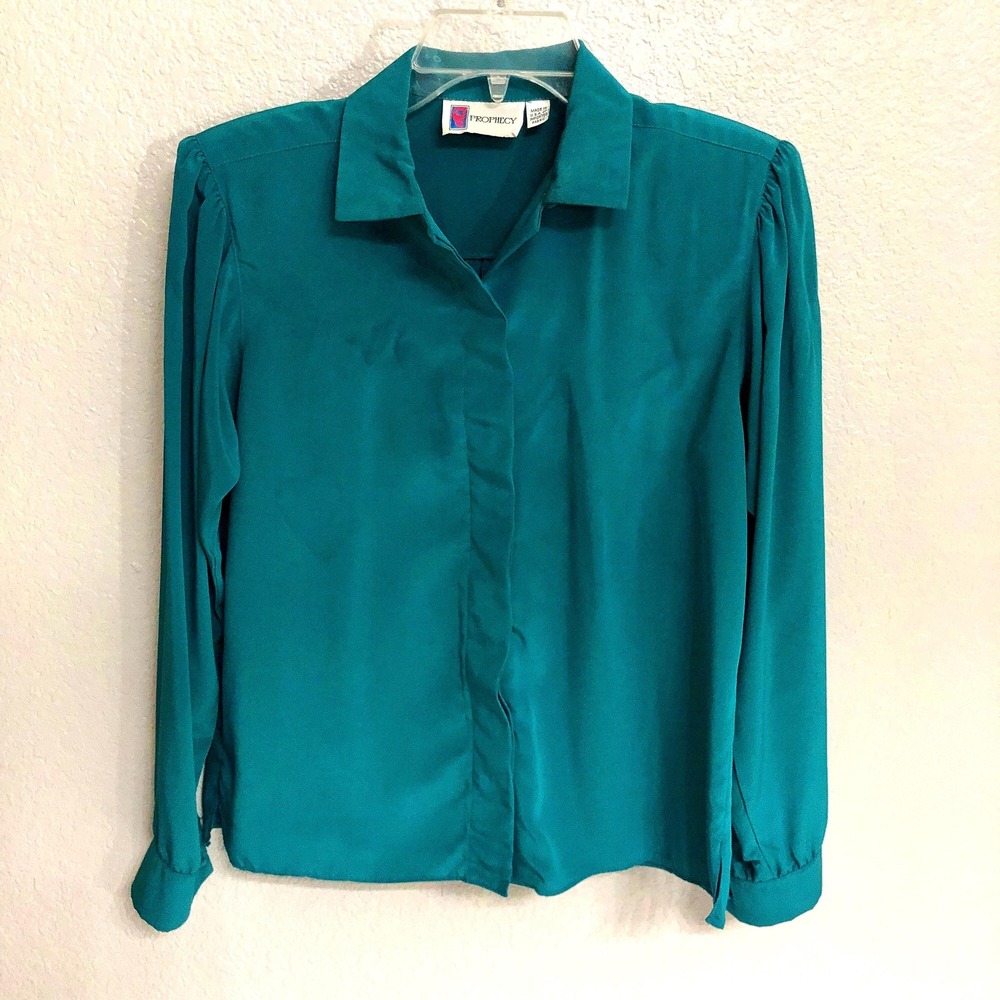 Teal Long Sleeve Button Up Blouse Womens 6 Modern Small Prophecy Work Office Top